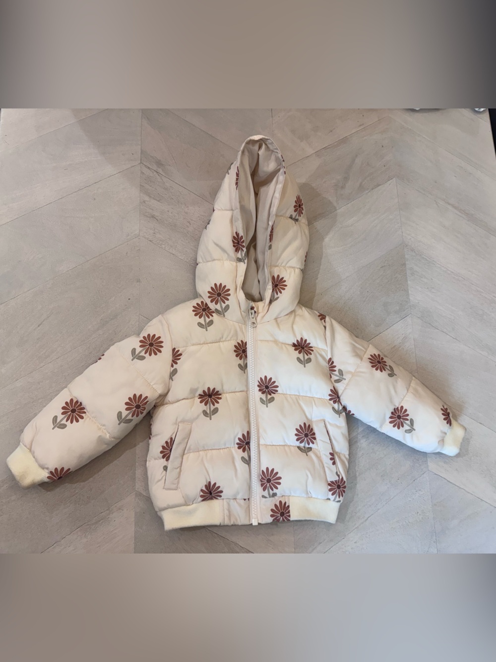 Rylee + Cru Cream Puffer Jacket with Rust Floral Print